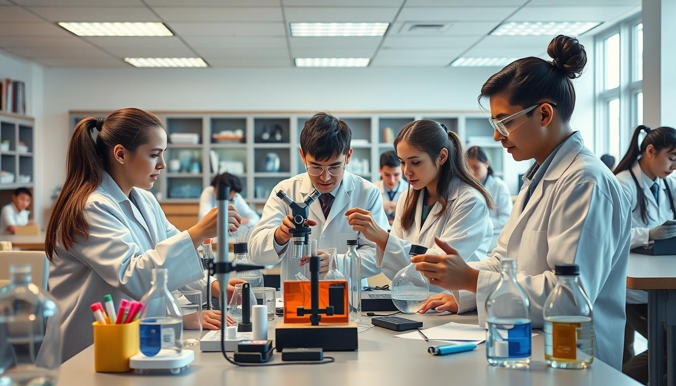 Students studying together in modern classroom